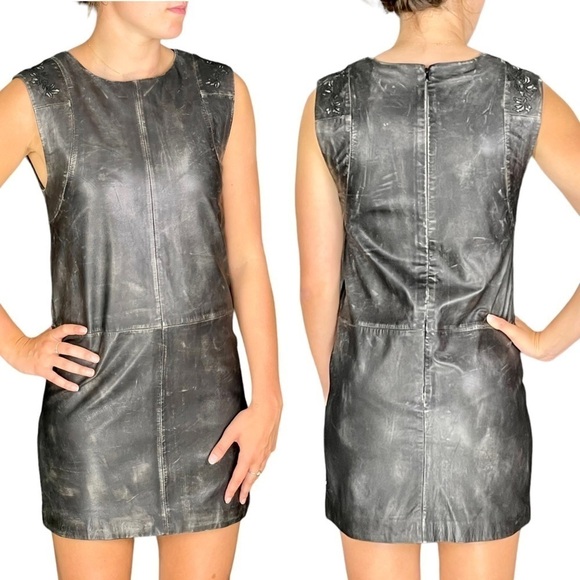 HUGO BOSS DISTRESSED LEATHER SLEEVELESS EMBROIDERED FITTED SHEATH MINI DRESS - Picture 2 of 15